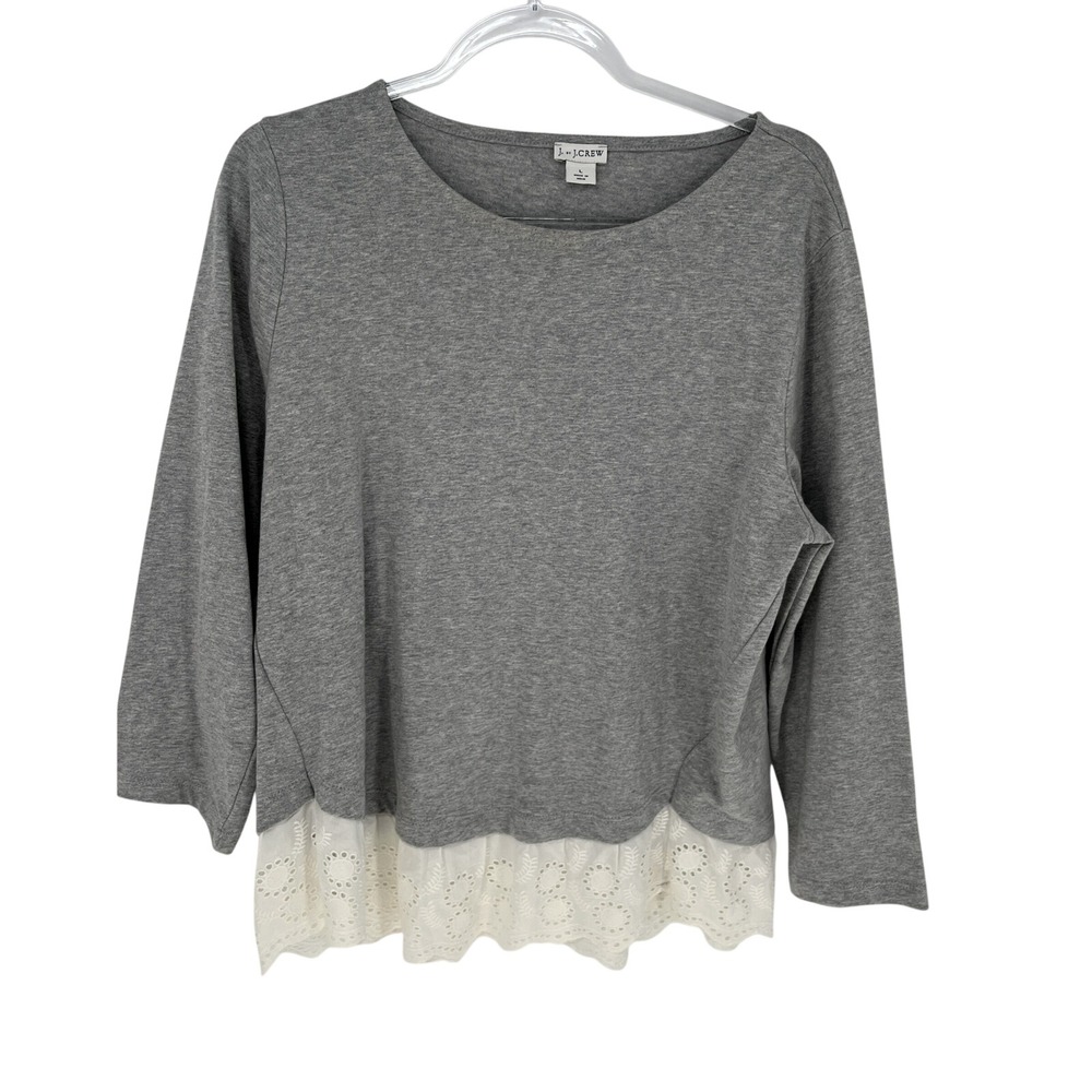 J by J Crew Womens L Cotton Eyelet Trim Hem Gray Top Long Sleeve Relaxed